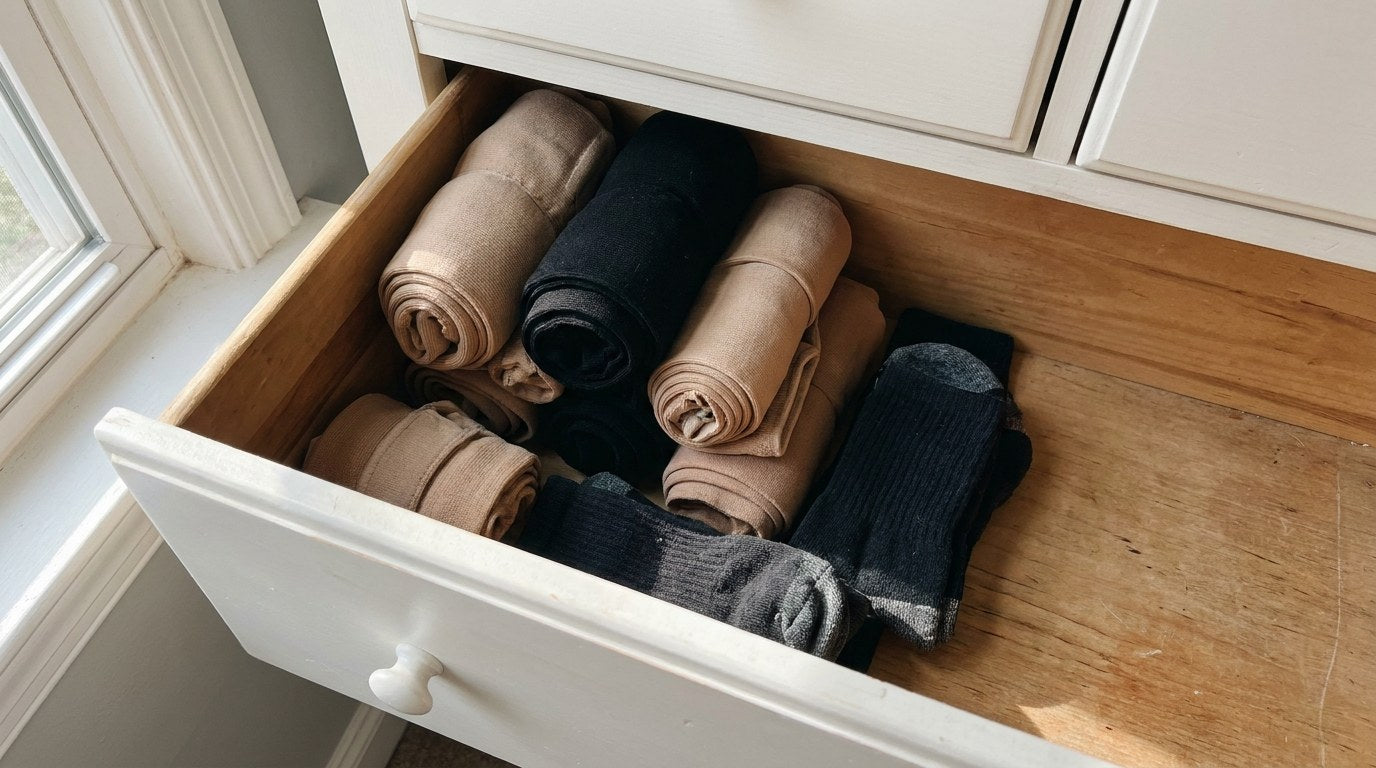 Unused shapewear rolled up in a dresser drawer