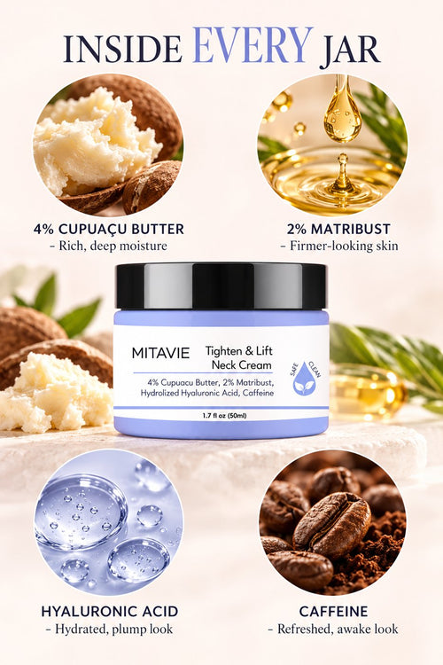 MITAVIE neck cream ingredients: 4% cupuaçu butter, 2% Matribust, hyaluronic acid, caffeine