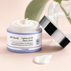 Open jar of MITAVIE Tighten & Lift Neck Cream showing the cream