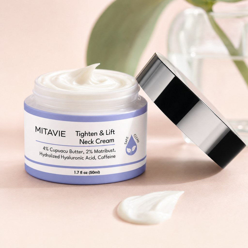 Open jar of MITAVIE Tighten & Lift Neck Cream showing the cream